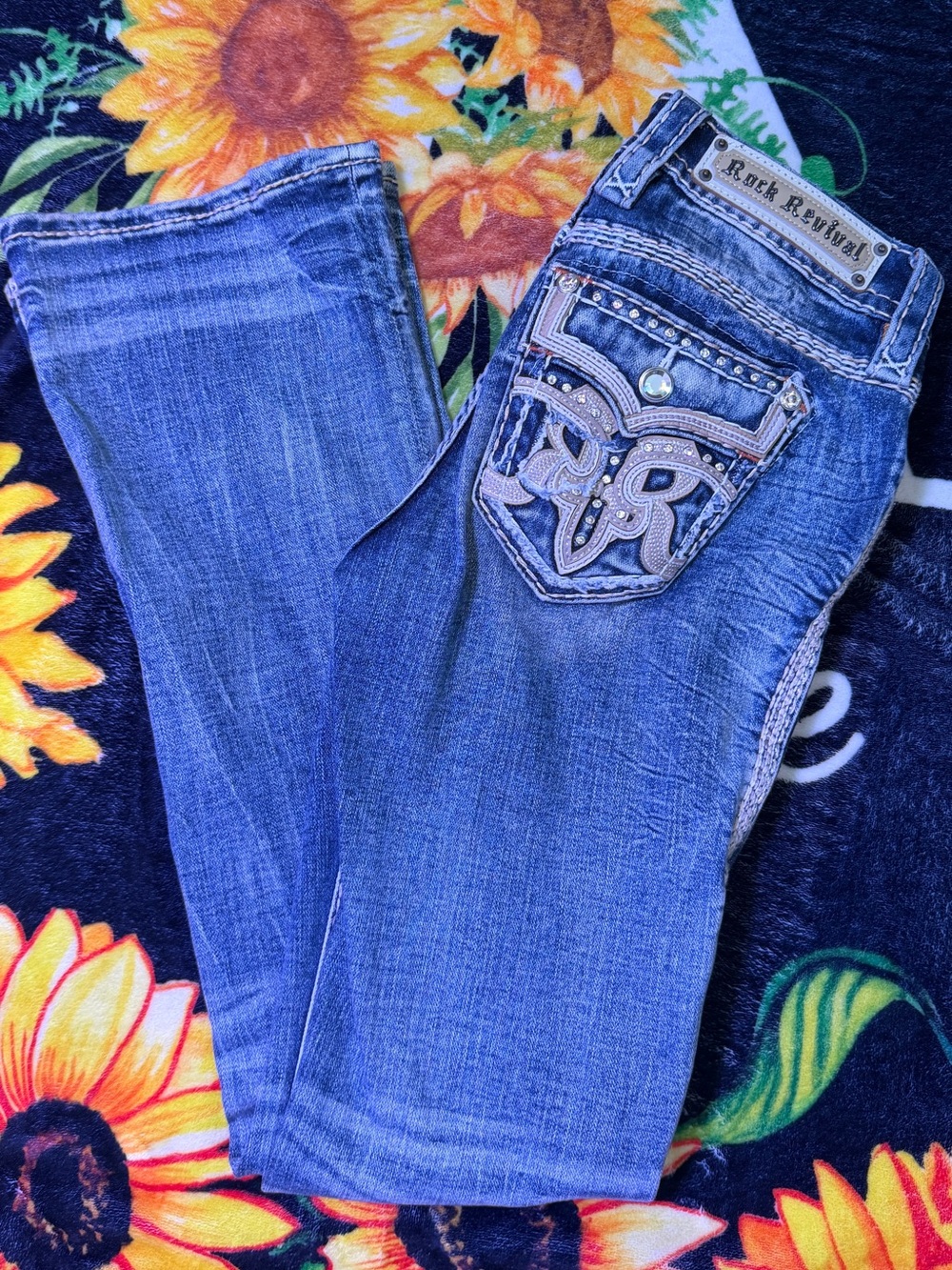 Rock Revival Blue Bootcut Jeans with Embellished Back Pockets